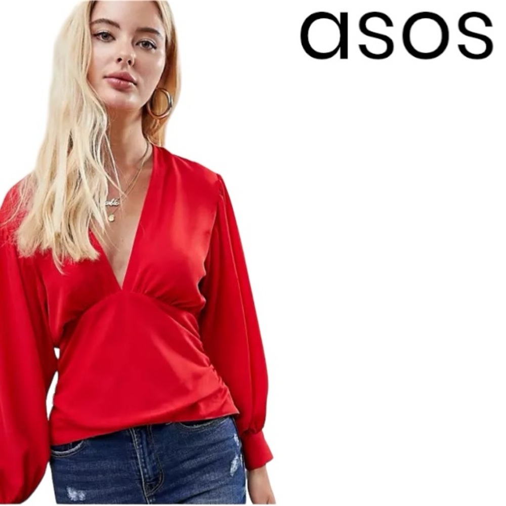 Asos Red Deep V Neck Top Sz 6 Volume Long Sleeves Open Keyhole Back